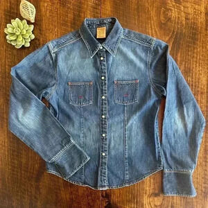 BKE Vintage | 100% Cotton Western Denim Button Down Shirt, Pearly Snaps